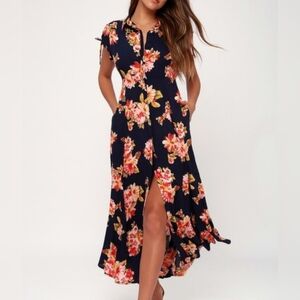Lulus "I'm Worth It" Blue Floral Print Midi Dress Women's XS